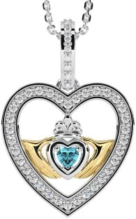 Diamond Aquamarine Gold Silver Claddagh Irish Heart Necklace