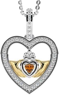 Diamond Citrine Gold Silver Claddagh Irish Heart Necklace