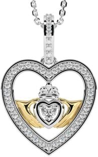 Diamond Gold Silver Claddagh Irish Heart Necklace