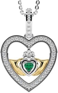 Diamond Emerald Gold Silver Claddagh Irish Heart Necklace