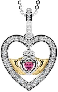 Diamond Pink Tourmaline Gold Silver Claddagh Irish Heart Necklace