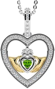 Diamond Peridot Gold Silver Claddagh Irish Heart Necklace