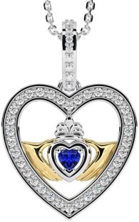 Diamond Sapphire Gold Silver Claddagh Irish Heart Necklace