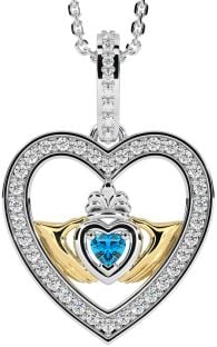 Diamond Topaz Gold Silver Claddagh Irish Heart Necklace