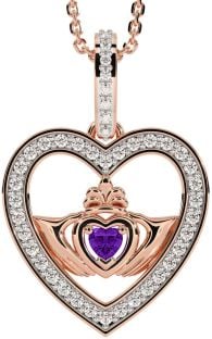 Diamond Amethyst Rose Gold Silver Claddagh Irish Heart Necklace