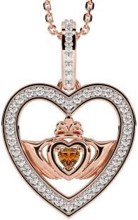 Diamond Citrine Rose Gold Silver Claddagh Irish Heart Necklace