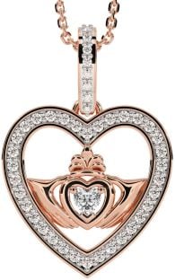 Diamond Rose Gold Silver Claddagh Irish Heart Necklace