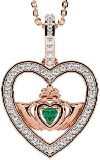 Diamond Emerald Rose Gold Silver Claddagh Irish Heart Necklace