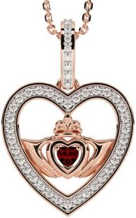 Diamond Garnet Rose Gold Silver Claddagh Irish Heart Necklace