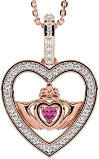 Diamond Pink Tourmaline Rose Gold Silver Claddagh Irish Heart Necklace