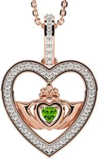 Diamond Peridot Rose Gold Silver Claddagh Irish Heart Necklace