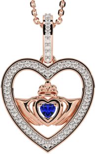 Diamond Sapphire Rose Gold Silver Claddagh Irish Heart Necklace