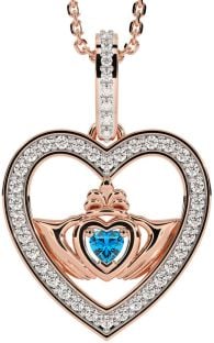 Diamond Topaz Rose Gold Silver Claddagh Irish Heart Necklace