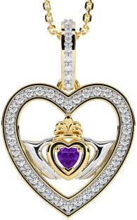 Diamond Amethyst Gold Silver Claddagh Irish Heart Necklace