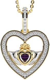 Diamond Alexandrite Gold Silver Claddagh Irish Heart Necklace