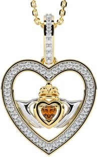 Diamond Citrine Gold Silver Claddagh Irish Heart Necklace