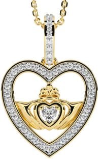 Diamond Gold Silver Claddagh Irish Heart Necklace