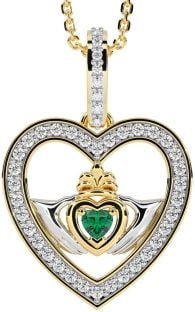 Diamond Emerald Gold Silver Claddagh Irish Heart Necklace