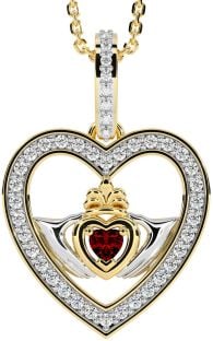 Diamond Garnet Gold Silver Claddagh Irish Heart Necklace