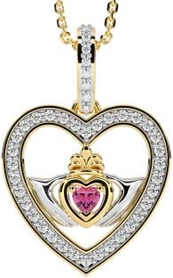 Diamond Pink Tourmaline Gold Silver Claddagh Irish Heart Necklace