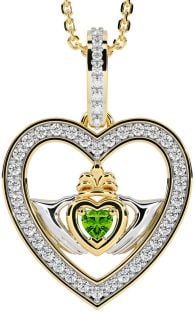 Diamond Peridot Gold Silver Claddagh Irish Heart Necklace