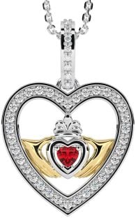 Diamond Ruby Gold Silver Claddagh Irish Heart Necklace