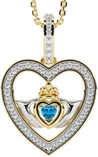 Diamond Topaz Gold Silver Claddagh Irish Heart Necklace