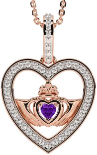 Diamond Amethyst Rose Gold Claddagh Irish Heart Necklace