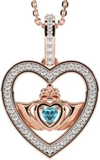 Diamond Aquamarine Rose Gold Claddagh Irish Heart Necklace