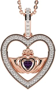 Diamond Alexandrite Rose Gold Claddagh Irish Heart Necklace