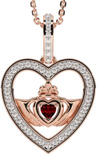 Diamond Garnet Rose Gold Claddagh Irish Heart Necklace