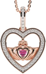 Diamond Pink Tourmaline Rose Gold Claddagh Irish Heart Necklace