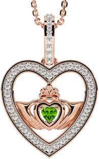 Diamond Peridot Rose Gold Claddagh Irish Heart Necklace