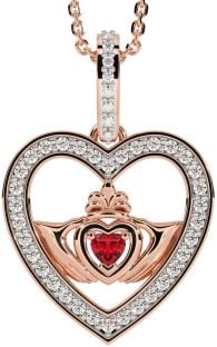 Diamond Ruby Rose Gold Claddagh Irish Heart Necklace