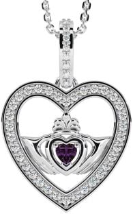 Diamond Alexandrite Silver Claddagh Irish Heart Necklace