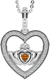 Diamond Citrine Silver Claddagh Irish Heart Necklace