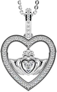 Diamond Silver Claddagh Irish Heart Necklace