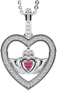 Diamond Pink Tourmaline Silver Claddagh Irish Heart Necklace