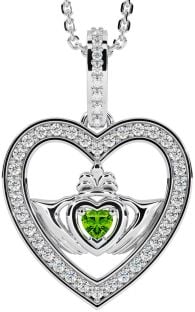 Diamond Peridot Silver Claddagh Irish Heart Necklace