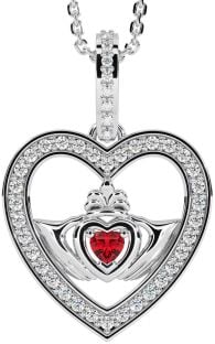 Diamond Ruby Silver Claddagh Irish Heart Necklace