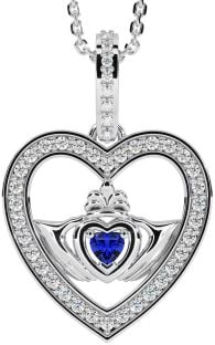 Diamond Sapphire Silver Claddagh Irish Heart Necklace