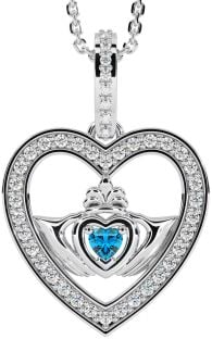 Diamond Topaz Silver Claddagh Irish Heart Necklace