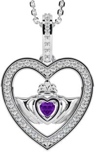 Diamond Amethyst White Gold Claddagh Irish Heart Necklace