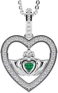 Diamond Emerald White Gold Claddagh Irish Heart Necklace