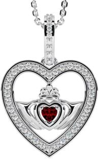 Diamond Garnet White Gold Claddagh Irish Heart Necklace