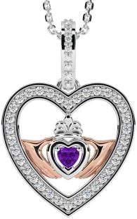 Diamond Amethyst White Rose Gold Claddagh Irish Heart Necklace