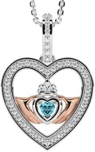 Diamond Aquamarine White Rose Gold Claddagh Irish Heart Necklace