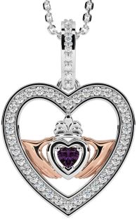 Diamond Alexandrite White Rose Gold Claddagh Irish Heart Necklace