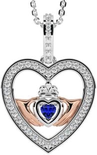 Diamond Sapphire White Rose Gold Claddagh Irish Heart Necklace