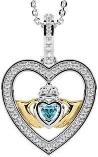 Diamond Aquamarine White Yellow Gold Claddagh Irish Heart Necklace